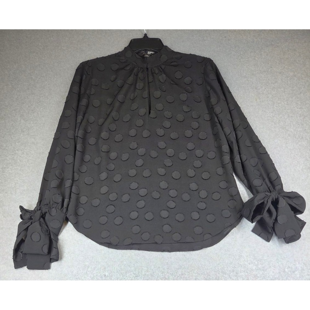 Ann Taylor Black Clip Dot Mock Neck Blouse with Tie Cuffs XXS 440679